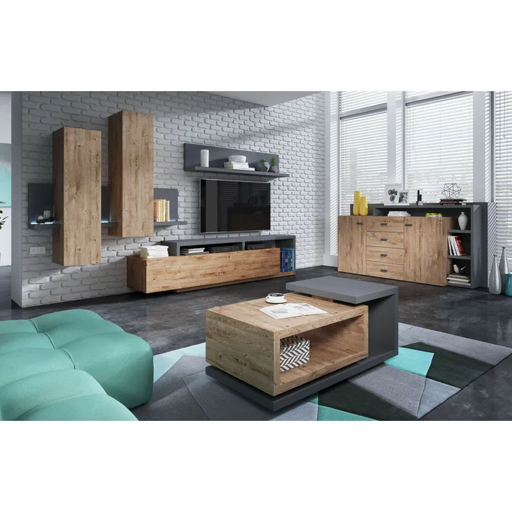 99rooms Monstera Wohnzimmerset Anthrazit Ribbeck Eiche