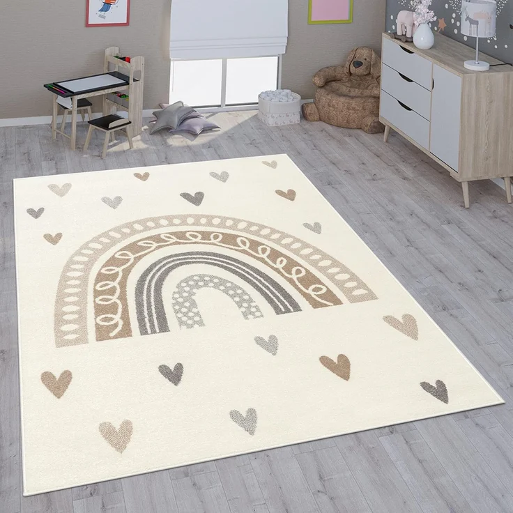 Paco Home Kinderteppich Nino 887, rechteckig, Höhe: 13 mm, Kurzflor, Spielteppich, Motiv Regenbogen & Herzen, Kinderzimmer – Bild 1