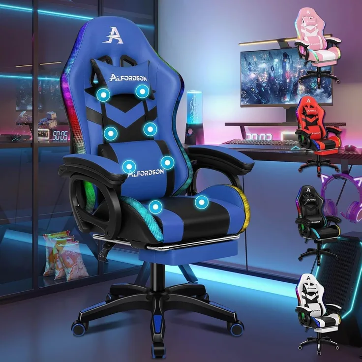 Racing Gaming Stuhl Massage Gamer 12 LED Farben RGB Beleuchtung Blau - ALFORDSON