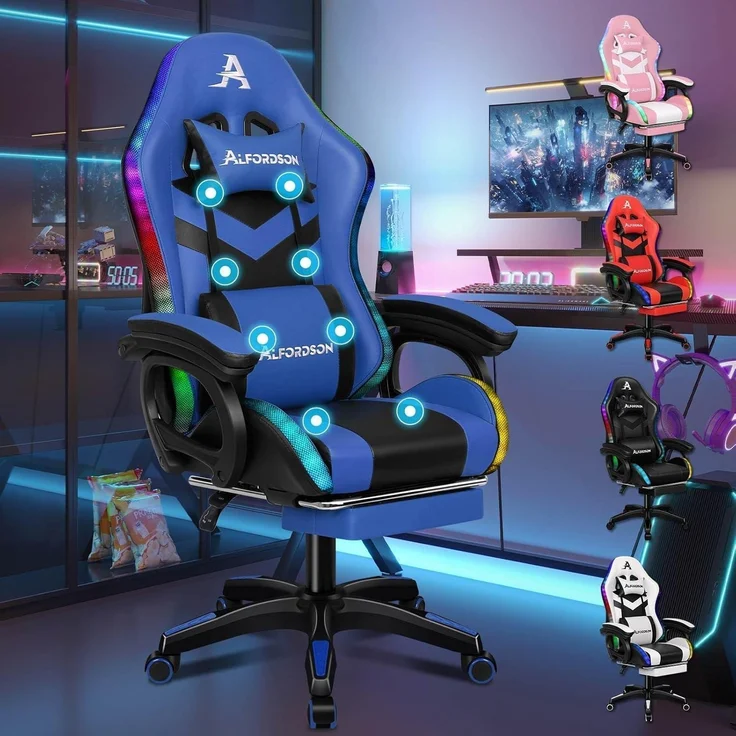 Racing Gaming Stuhl Massage Gamer 12 LED Farben RGB Beleuchtung Blau - ALFORDSON – Bild 1