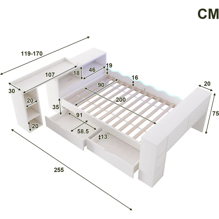 Tagesbett 90x200 cm mit 2 Schubladen, ausziehbarer Tischplatte und LED-Beleuchtung – Weiß (ohne Matratze) – Bild 4