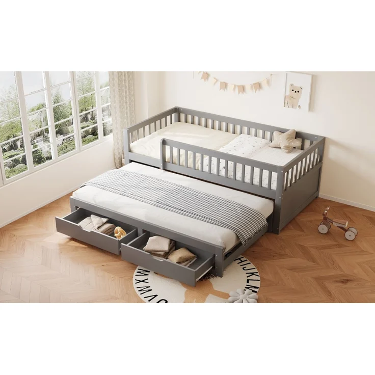 EINHOM Massivholz-Schlafsofa 90 x 200 cm, Vollverkleidetes Sicherheitsgitter, Ausziehbares Bett mit 2 Schubladen Darunter, mit Lattenrost, Kinderbett Jugendbett Gästebett Erwachsene, Grau (Ohne Matratze) – Bild 5