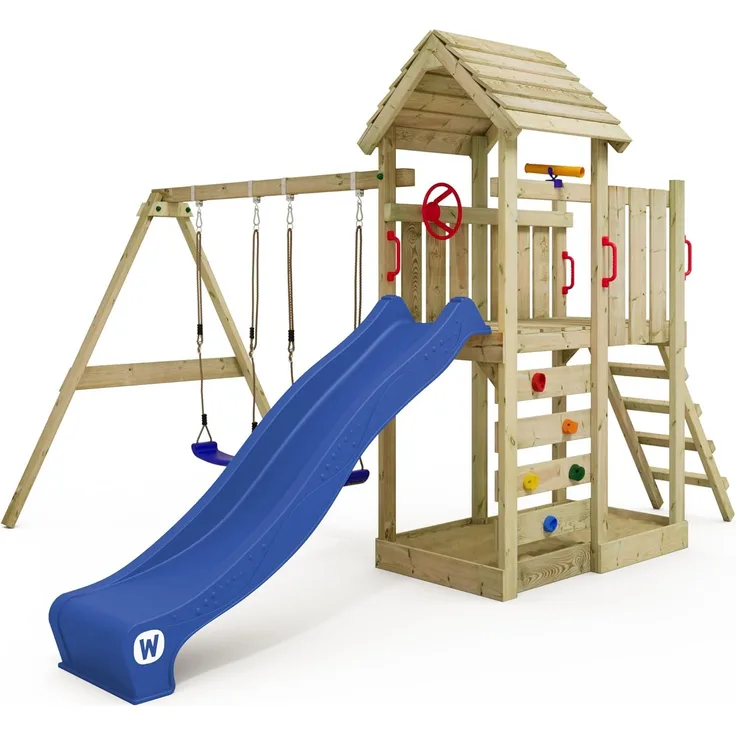 WICKEY Spielturm Klettergerüst 'MultiFlyer' Holzdach mit Schaukel & blauer Rutsche, Kletterturm mit Holzdach, Sandkasten, Leiter & Spiel-Zubehör, ab 3 Jahren