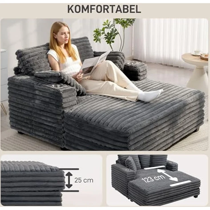HOMCOM Schlafsofa 2 Sitzer Chaiselongue 134 x 151 cm Groß Sofa mit Bettfunktion, Sofabett 1 Teile, Mit Becherhalter und Bettfunktion – Bild 6