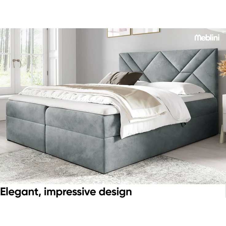 MEBLINI Boxspringbett BARDO 200x200 cm mit Bettkasten – H4/Hellgrau Samt Polsterbett - Gepolstert Doppelbett mit Matratze und Topper - Polsterbett mit Stauraum - Bett mit Kopfteil – Stauraumbett – Bild 3