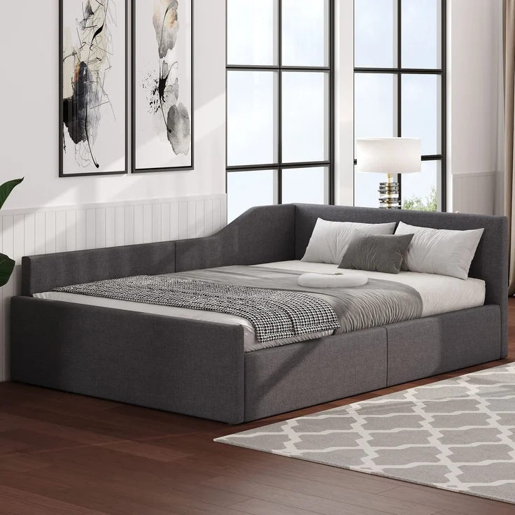 Stauraumbett mit Aufbewarung, Lattenrost und Kopfteil, 140x200 cm, Polsterbett, Doppelbett, Leinen – Bild 2