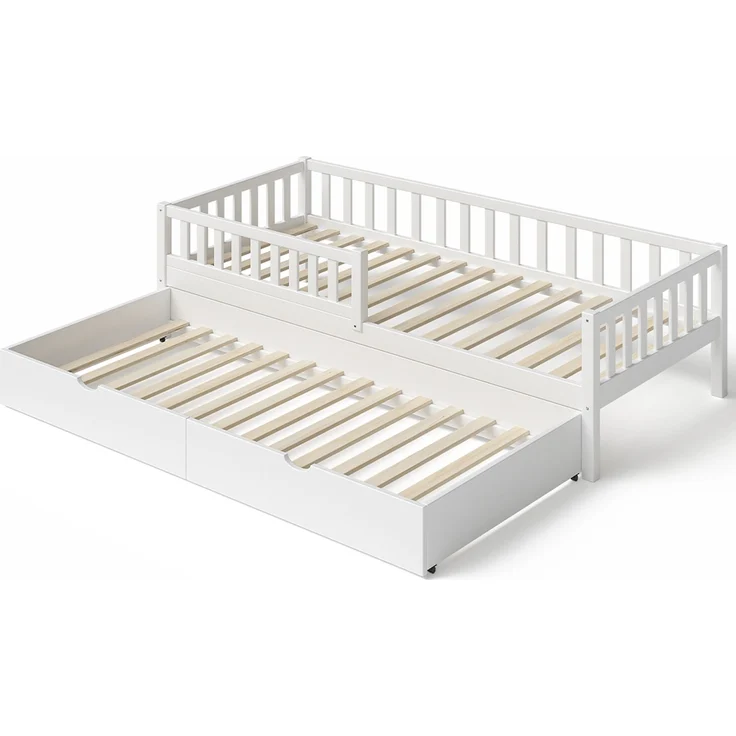 Bellabino 'Vils' Kinderbett 90x200 cm mit Gästebett 90x190 cm und 2 Matratzen, weiß, Kiefer Massivholz, Montessori Bett mit Ausziehbett, mit abnehmbarem Rausfallschutz und Lattenrost – Bild 11