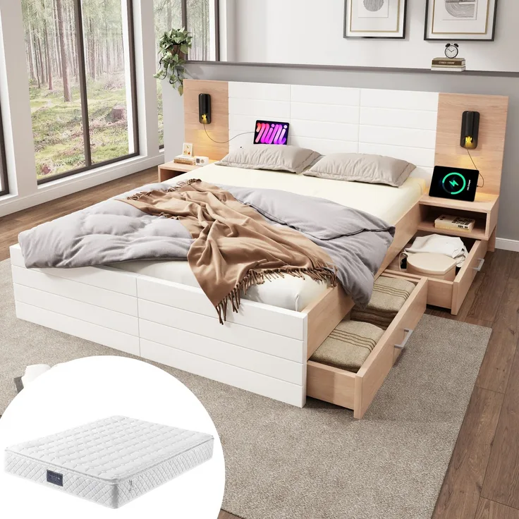 Doppelbett 160x200 cm Weiß Eiche mit Leselampe & USB-Ladeanschluss, Massivholz Bett mit Nachttisch und 2 Schubladen,inklusive Matratze