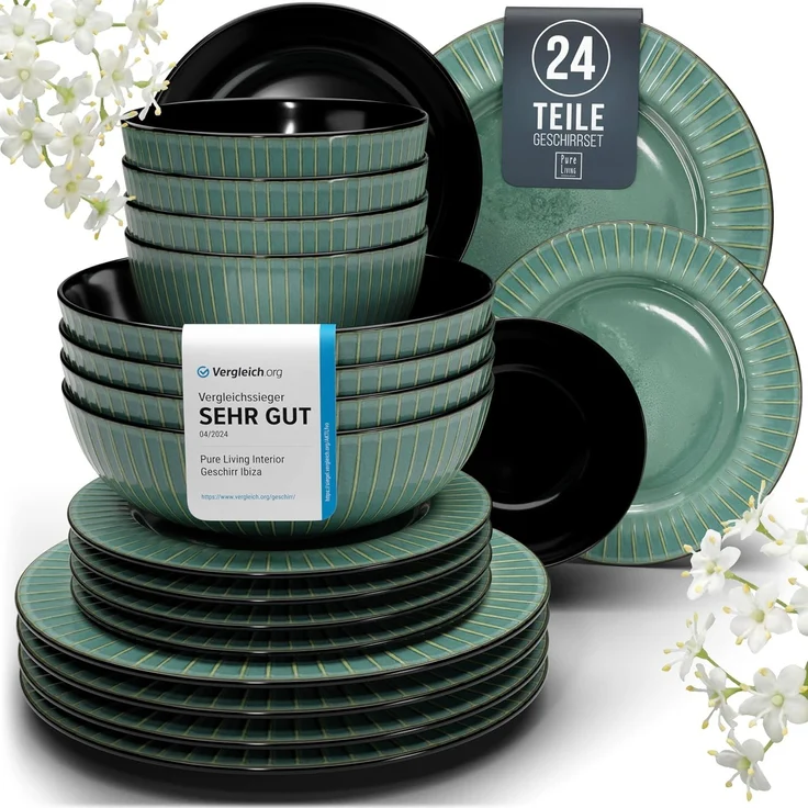 Steingut Geschirrset 6 Pers. Tokyo 24-tlg Hochwertiges Asia-Style TEST SEHR GUT Steingut Geschirr Set - Schüssel- und Teller Set - Tafelservice 6 Personen Geschirrsets Pure Living in Grün – Bild 1
