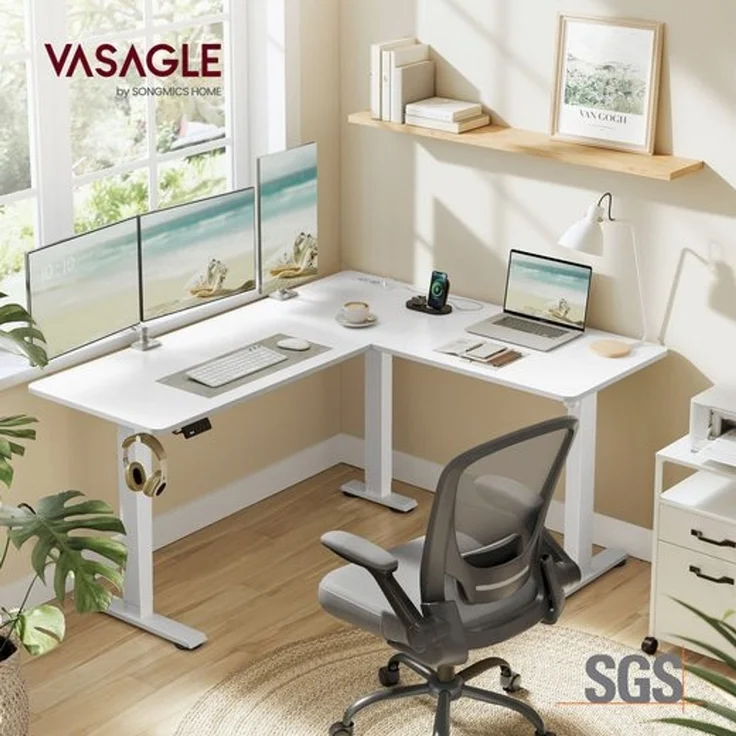 VASAGLE Höhenverstellbarer Schreibtisch elektrisch, L-förmiger Eckschreibtisch, mit Ladestation, Memory-Funktion mit 2 Höhen, für Homeoffice, wolkenweiß-mattweiß, 140x160 cm – Bild 2