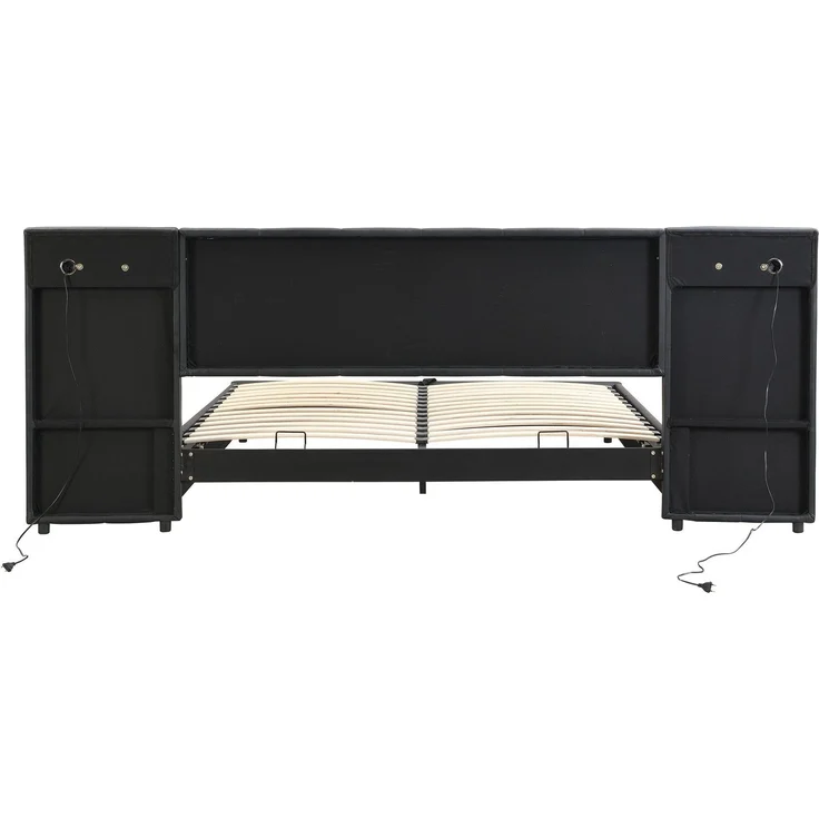Polsterbett mit LED-Beleuchtung, Wireless Charger und Stauraum, extra breites Kopfteil mit Spots, Type-C und USB Anschlüssen, 180x200 cm, gepolsterter Kopfteil, Doppelbett, Stauraumbett, Kunstleder – Bild 9
