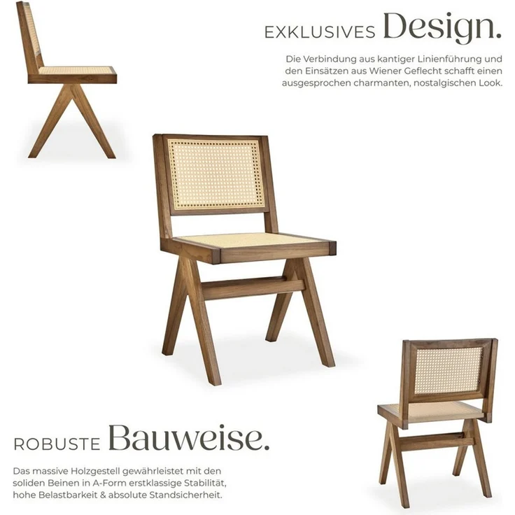 tectake Esszimmerstuhl Holzstuhl im Boho-Stil, Belastbarkeit 120 kg, 48,5 x 53,5 x 83 cm (Massivholzstuhl Lissy in Eiche hell, 1 St), Sitzfläche mit Wiener Geflecht, massives Holzgestell mit Lackierung – Bild 3
