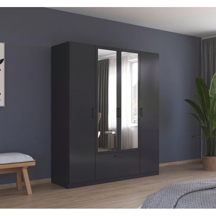 Rauch Möbel Bari, Drehtürenschrank, 4-türig, Kleiderschrank Grau-Metallic, 1 Schublade, mit Spiegel, 181 x 210 x 54 cm – Bild 2