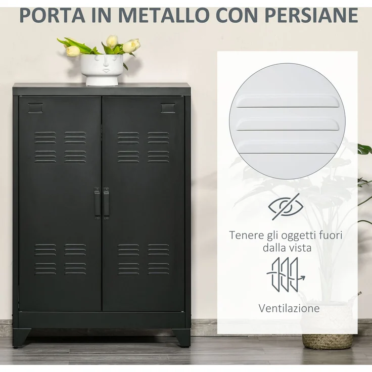 Metallschrank mit 2 Türen im Industrial-Stil für Zuhause und Garage, 75 x 33 x 110 cm, schwarz – Bild 7