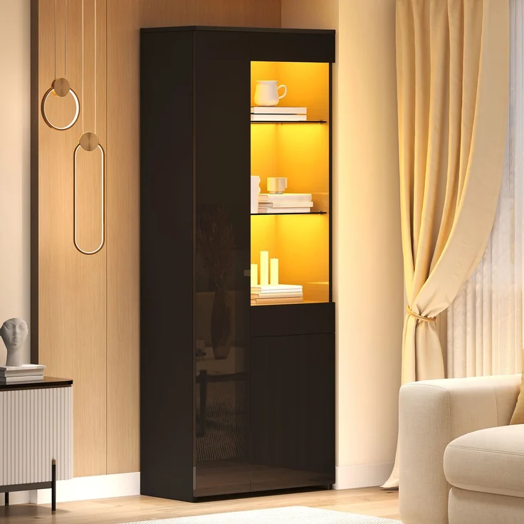 Vitrine 70 x 35 x 180 cm aus Spanplatte und gehärtetem Glas mit LED-Beleuchtung – Bild 1