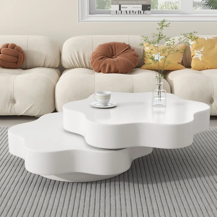 Couchtisch Blumenform mit drehbarer Platte, cremeweiß, 74,8x67,5x31 cm