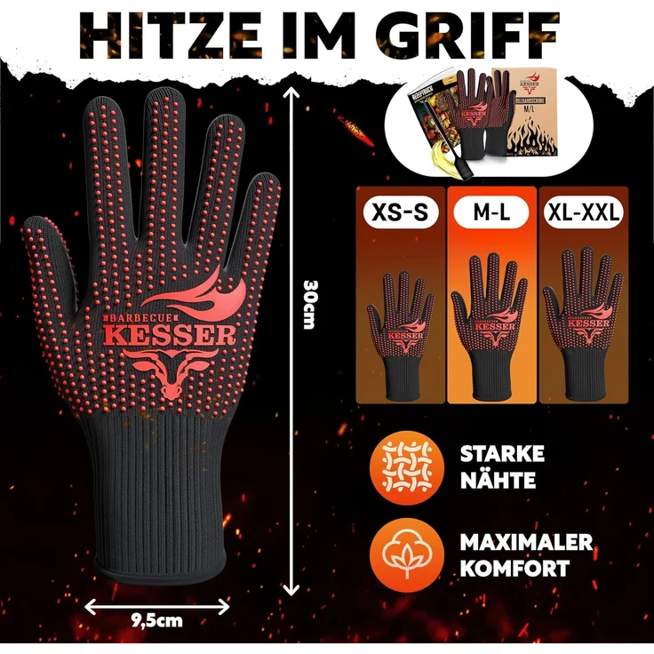 KESSER® Grillhandschuhe hitzebeständig bis 500 °C, Atmungsaktiv & mit rutschfestem Griff, Aramid-Gewebe, Maschinenwaschbar, Schwarz / Rot, M-L – Bild 2