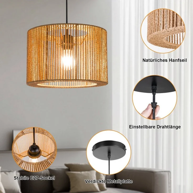 Zedelmaier Pendelleuchte Hängelampe hängend Deckenlampe Deckenleuchte E27 x 1/max. 40 W, Lampenschirm aus dicker Papierschnur, Boho-Design – Bild 3