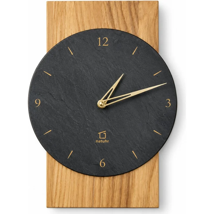 Natuhr Wanduhr W8000 Steineiche Quarzwanduhr aus Massivholz Eiche mit Schiefer – Eiche natur – 34 × 24 × 5 cm