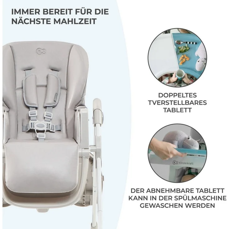Kinderkraft Hochstuhl 'YUMMY' Grau, 5-Punkt-Gurt, rutschfeste Stuhlbeinkappen, höhenverstellbar, inkl. abnehmbares Essbrett – Bild 3