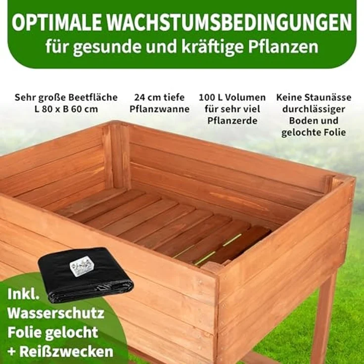 TTL GARDEN Balkon Hochbeet L 80 x 60 x 80 cm aus Holz - Pflanzkasten & Blumenkasten mit Ablageboden & Folie - Tannenholz wetterfest - Pflanzbeet Kräuterbeet Blumenbeet für Garten Balkon Terrasse - Braun – Bild 3