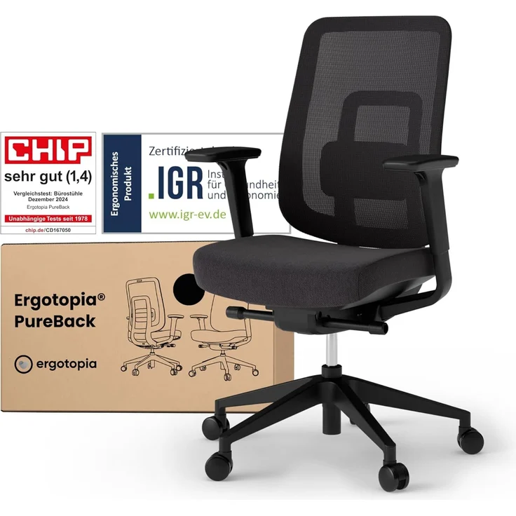 Ergotopia 'PureBack' ergonomischer Bürostuhl mit Lordosenstütze & 4D-Armlehne, Schwarz, ohne Kopfstütze