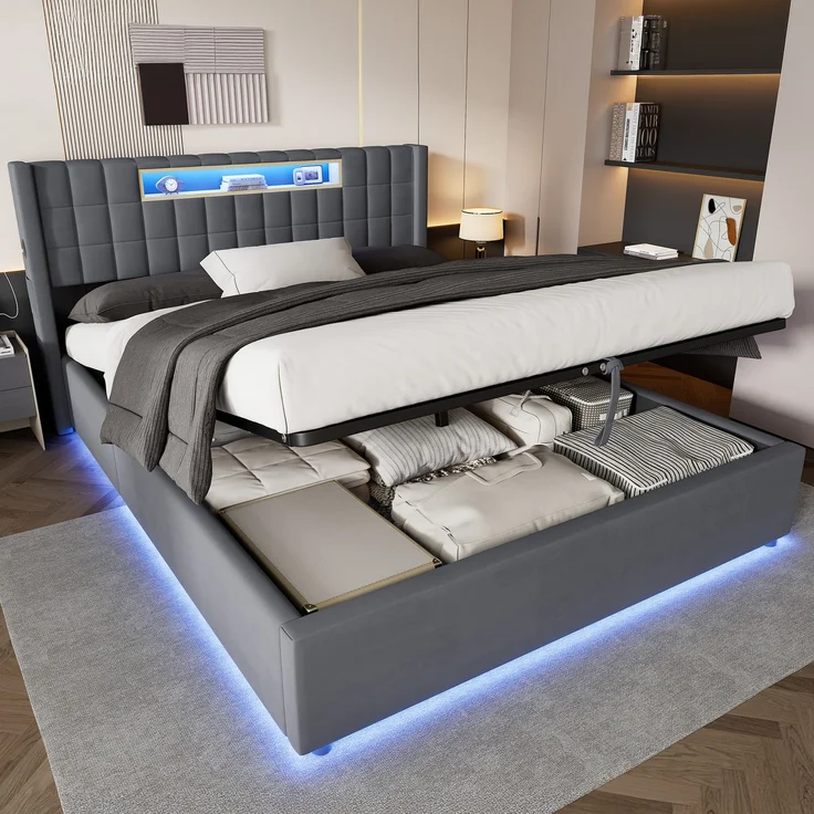 Polsterbett 160x200 cm mit LED, USB-Anschluss und hydraulischem Stauraum – ohne Matratze – Bild 5