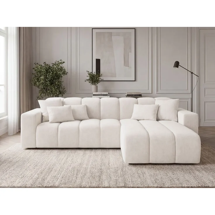 GRAINGOLD Ecksofa L-Form Nork, Wohnzimmer Ecksofa, Couch L-Form, Velour-Stoff, Creme, Rechts – Bild 1