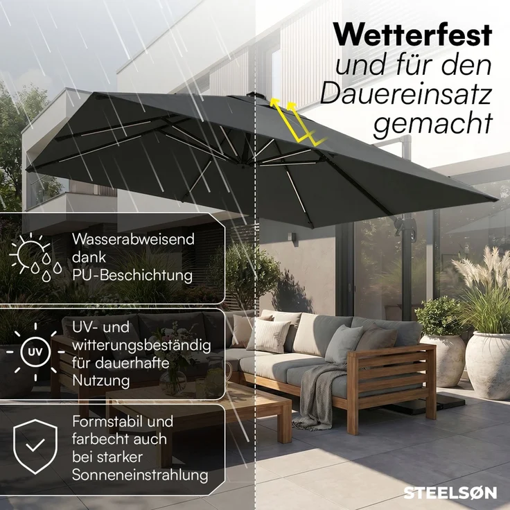 STEELSØN 'Elaris' Premium Sonnenschirm 300x300 cm quadratisch mit LED, neigbar und 360-Grad drehbar, anthrazit, Ampelschirm inkl. Hülle, extrem robuste Metall-Stange, 220 g/m² Polyester, UV50+ – Bild 5