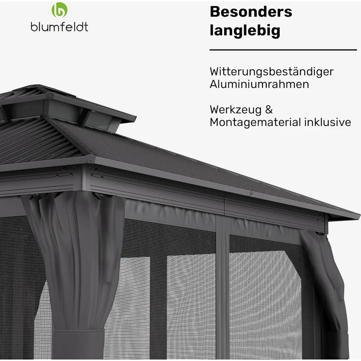Blumfeldt Pavillon 3x3, Gartenpavillon Wasserdicht Stabil, Aluminiumrahmen & Verzinktes Stahldach, Inkl. Vorhänge & Moskitonetz, UV-Schutz, Wetterfest, Schwarz – Bild 6