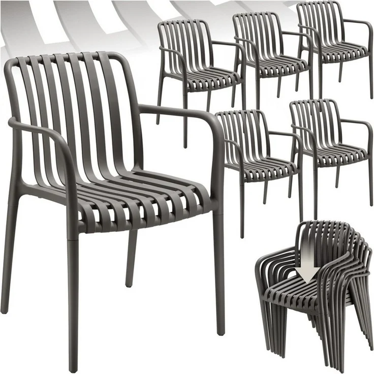 tectake Gartenstuhl Balkonstuhl, stapelbar, 47 x 58 x 80,5 cm, Belastbarkeit 110 kg (Terrassenstuhl Alcudia für Außen in Antrazit, 6 St), wetterfest und UV-beständig, pflegeleicht, rutschfeste Gummischoner – Bild 1