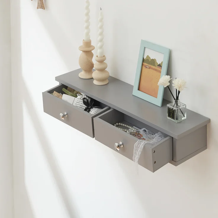 Wandregal Geeste 60x15x10 cm mit 2 Schubladen Hellgrau [en. casa] – Bild 2