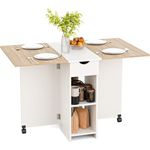 Mondeer Esstisch Klappbar, Küchentisch mit 1 Schublade und 2 Ablagen für 2-4 Personen, Klapptisch Esszimmertisch mit Rollen für Kleine Räume, Esszimmer, Küche, 72 x 120 x 75 cm, Eiche und Weiß