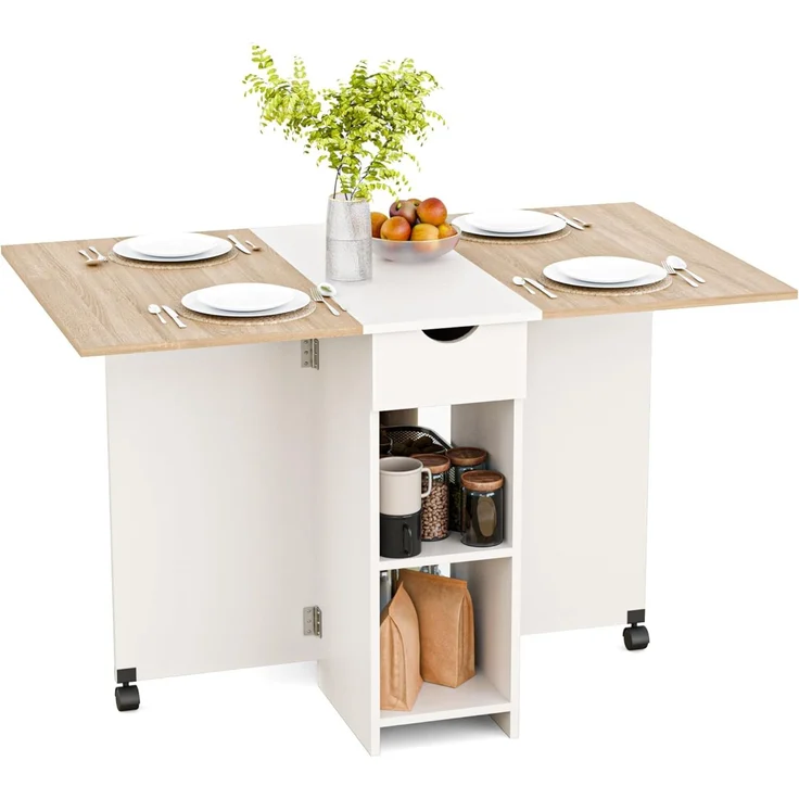 Mondeer Esstisch Klappbar, Küchentisch mit 1 Schublade und 2 Ablagen für 2-4 Personen, Klapptisch Esszimmertisch mit Rollen für Kleine Räume, Esszimmer, Küche, 72 x 120 x 75 cm, Eiche und Weiß – Bild 1