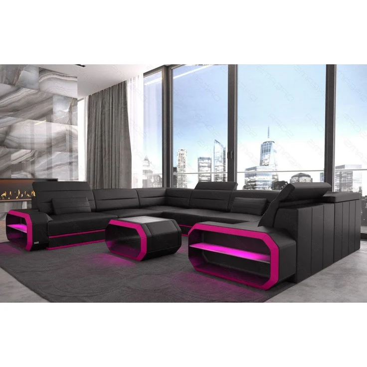 Leder Wohnlandschaft Verona U-Form – Komfort - Ledermix - schwarz-pink - Links – Bild 3