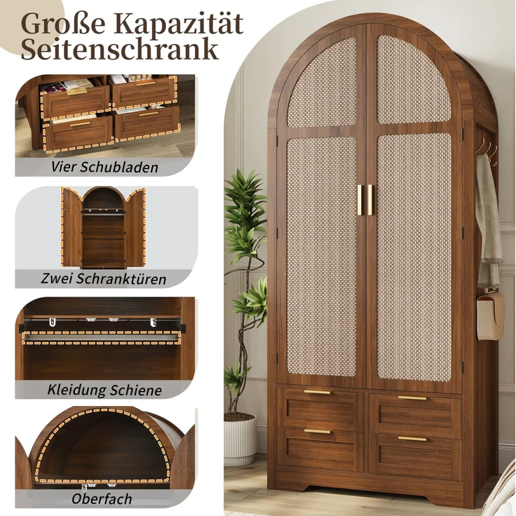 Kleiderschrank aus MDF mit geschwungenen Türen, Rattan-Optik, Schubladen, 80x50x179 cm, Walnut – Bild 5
