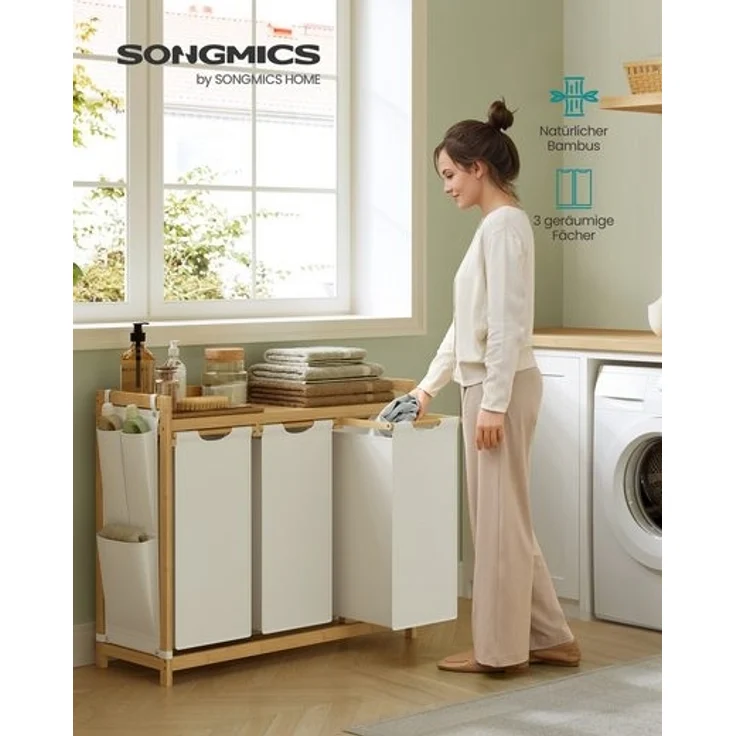 SONGMICS Wäschekorb 3 Fächer, Bambus, 150 L, mit Ablage, kleine seitliche Taschen, 3 x 50 L, cremeweiß, 94 x 33 x 78 cm – Bild 3