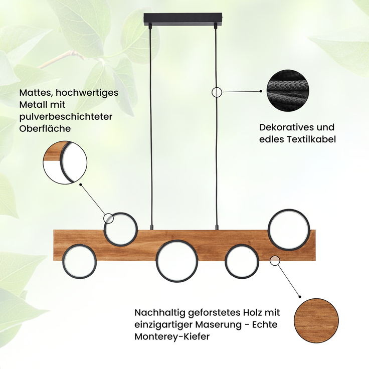 Brilliant Cheesy Pendelleuchte Holz - Moderne Pendelleuchte für Esstisch & Wohnzimmerlampe aus Holz, mit integrierter LED - Perfekte Küchenbeleuchtung - Metall & Holz - Mattschwarz/Holz-Finish