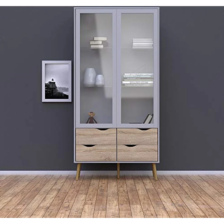 Vitrine mit zwei aufklappbaren Glastüren und vier Schubladen, Weiß und Eiche, Maße 98 x 200 x 39 cm – Bild 2