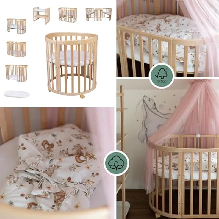 Waldin Oval Baby-Bett Mitwachsend Komplett Set 7in1, Gitterbett, Kinderbett mit Matratze, Wickelkommode, Beistellbett, Holz Natur, Stoffe Rosa Tiere – Bild 6