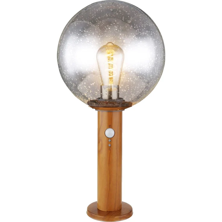 LED Sockellampe, Glaskugel, Holzoptik, Bewegungsmelder, H 38 cm – Bild 1