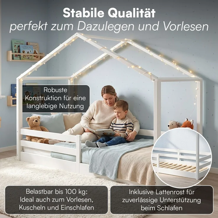 Bellabino 'Abia' Hausbett 90x200 cm mit Matratze, weiß, Kiefer Massivholz, Bodenbett in Hausoptik, Montessori Kinderbett mit Rausfallschutz und Lattenrost – Bild 3