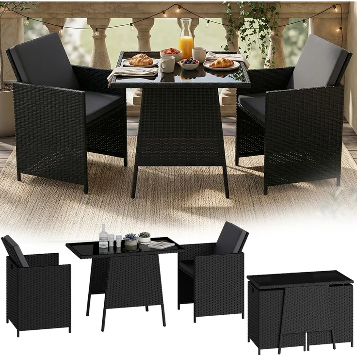 STEELSØN 'Xenara' Polyrattan 3-tlg. Gartenmöbel Set, Sitzgruppe aus 2 Stühlen und Tisch mit Glasplatte, zusammenklappbar, schwarz/anthrazit, wetterfest