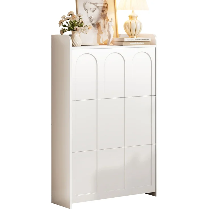 Schuhschrank 70 x 25 x 120 cm aus MDF, weiß, mit Klapptüren und Schublade – Bild 6