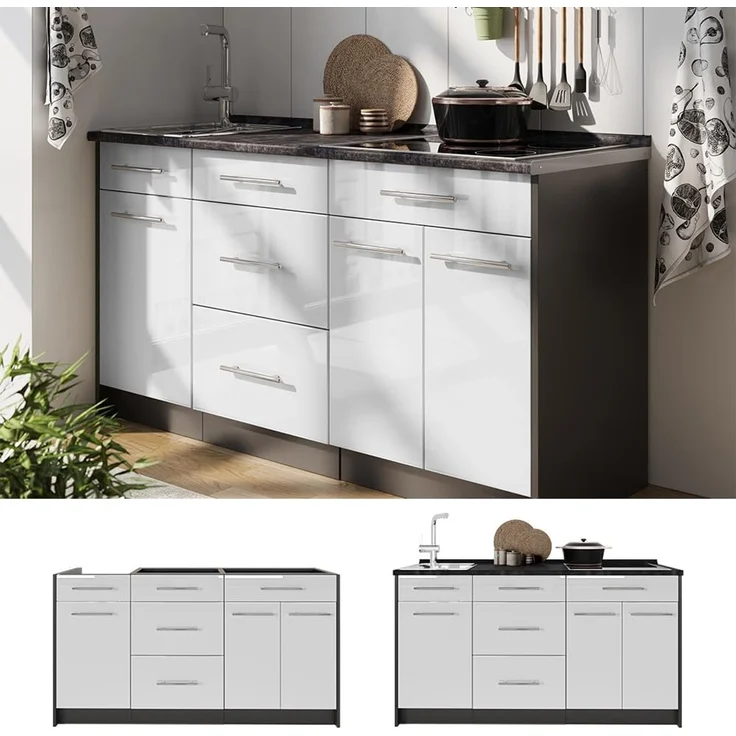 Küchenblock Fame-Line Weiß Hochglanz 150 cm, AP Eiche Vicco – Bild 7