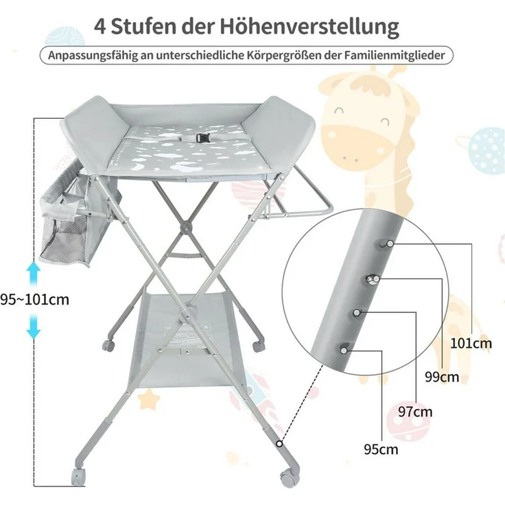 JEOBEST Wickeltisch Mobiler Wickelkommode Klappbar( Neues Upgrade! ) Weich, Wasserdicht und Höhenverstellbar,mit Sicherheitsgurt und Ablagefächern – Bild 2