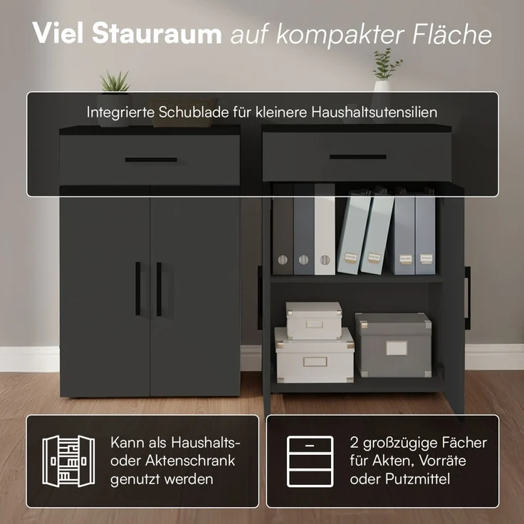 Bellamio 'Apol' Mehrzweckschrank, anthrazitschwarz, 88x33x60 cm, kleiner Aktenschrank mit 2 Fächern und 1 Schublade – Bild 2