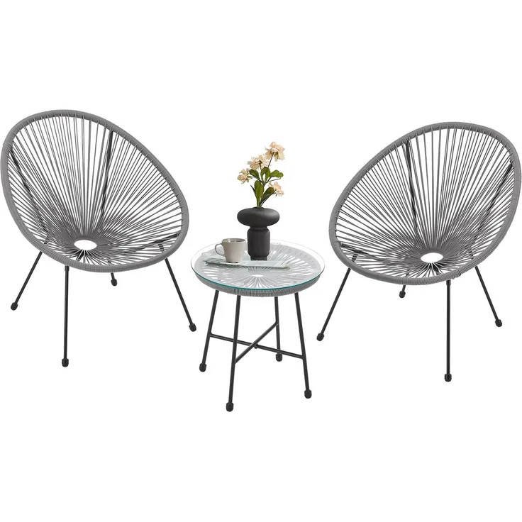 Juskys 'Ostana' Balkonmöbel Set, 3-teilig, Tisch + 2x Sessel, Polyrattan, Hellgrau