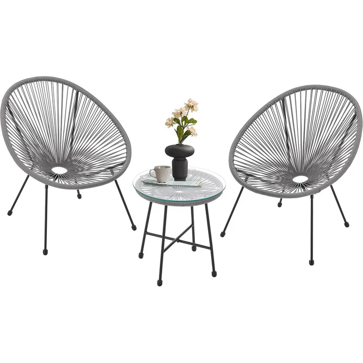 Juskys 'Ostana' Balkonmöbel Set, 3-teilig, Tisch + 2x Sessel, Polyrattan, Hellgrau – Bild 1