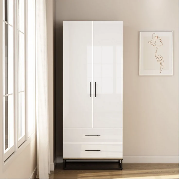 OTTO home Kleiderschrank Lucca Schlafzimmerschrank Garderobe hochglanz Bestseller (Hochwertige schwarze Griffe und Kufengestell) Schlafzimmerschrank mit 2 Türen und 2 Schubladen, Breite 80cm – Bild 5